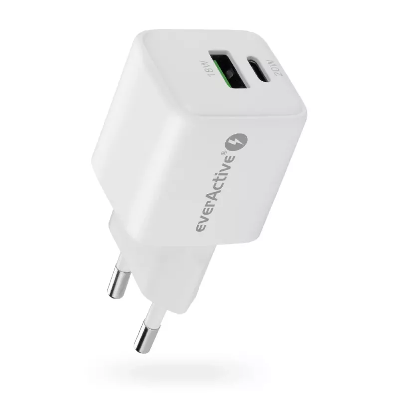 Sieninis įkroviklis everActive SC-330Q su 1x USB-A ir 1x USB-C prievadais, 20W, baltas