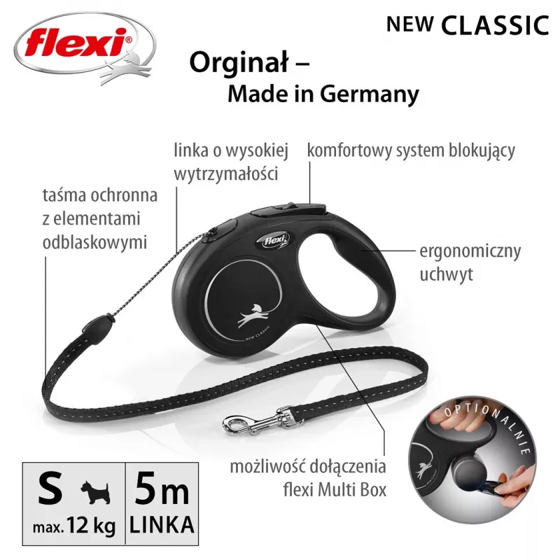 Flexi New CLASSIC 5 m Juodas šuns užtraukiamas pavadėlis