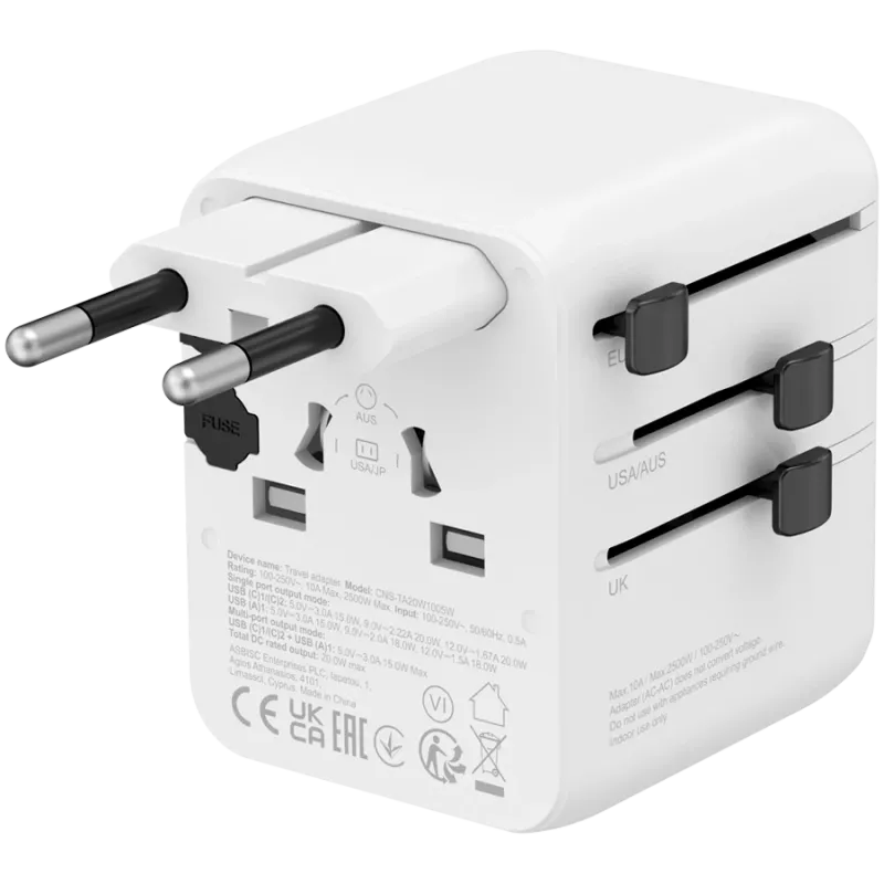 CANYON Travel Adapter OnTour 20 EU/UK/US/AUS 20W Baltas