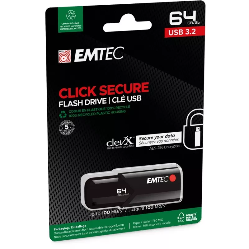 USB atmintinė Emtec B120 Click Secure 64GB juoda