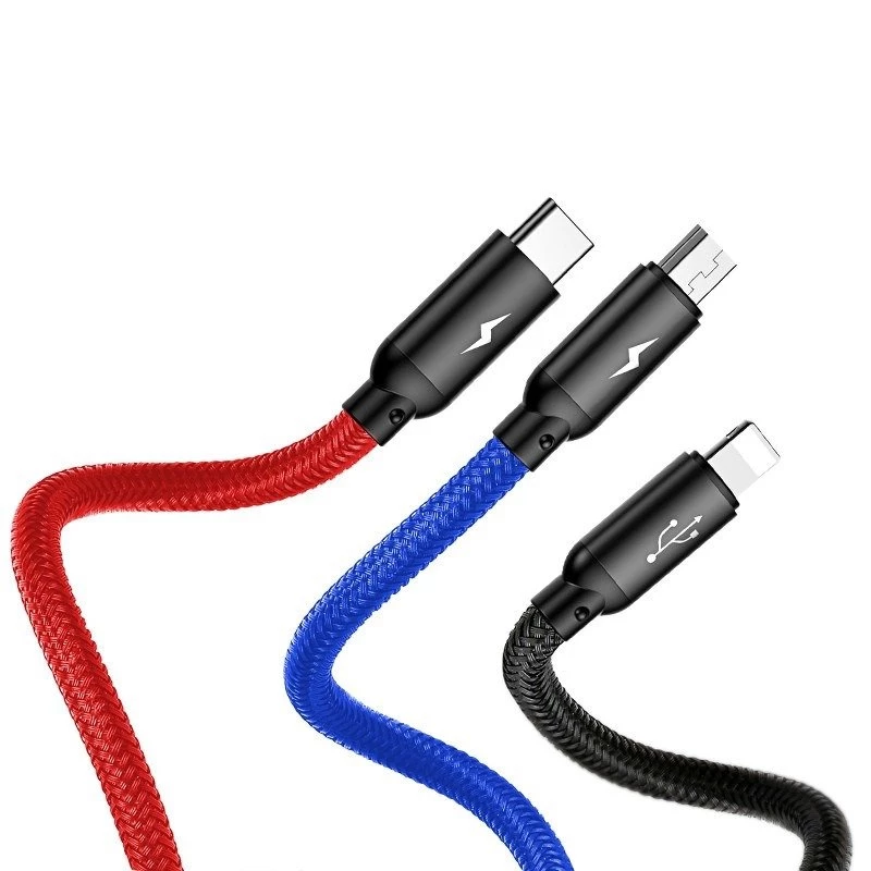 BASEUS Colorfone CAMLT-BSY01 USB laidas 1,2 m USB A 3 x USB C juoda, raudona, mėlyna