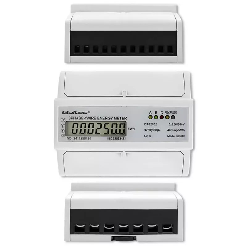 Qoltec Trifazis Dvikryptis Elektroninis Skaitiklis | DIN bėgio energijos suvartojimo matuoklis | 400V | 100A | LCD | 4P