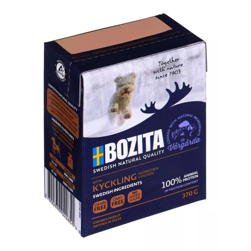 Šlapias šunų ėdalas BOZITA SU VIŠTIENA – Gabaliukai drebučiuose, 370 g, suaugusiems šunims, be glitimo ir sojos