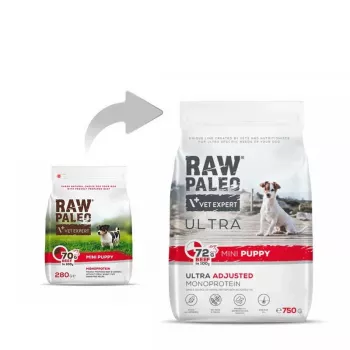 Sausas šunų ėdalas VETEXPERT RAW PALEO Ultra Mini Puppy Beef 750 g – be grūdų, baltymų 30,5%, riebalų 16,5% mažoms veislėms (5–10 kg)