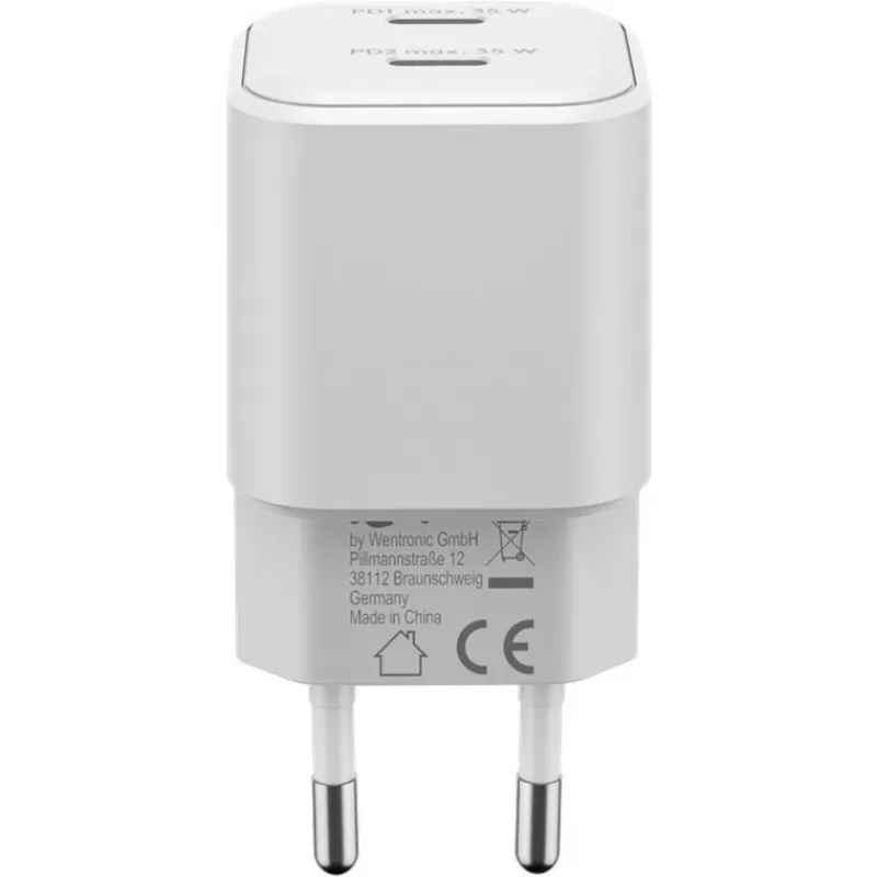 USB-C dvigubas greitas įkroviklis Nano, PD, GaN, 35 W (baltas, 2x USB-C, Power Delivery 3.0)
