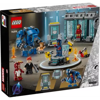 LEGO Marvel rinkinys Geležinio žmogaus laboratorija Šarvų salė 76315 — 384 detalės, 5 minifigūrėlės, ekspozicinė zona
