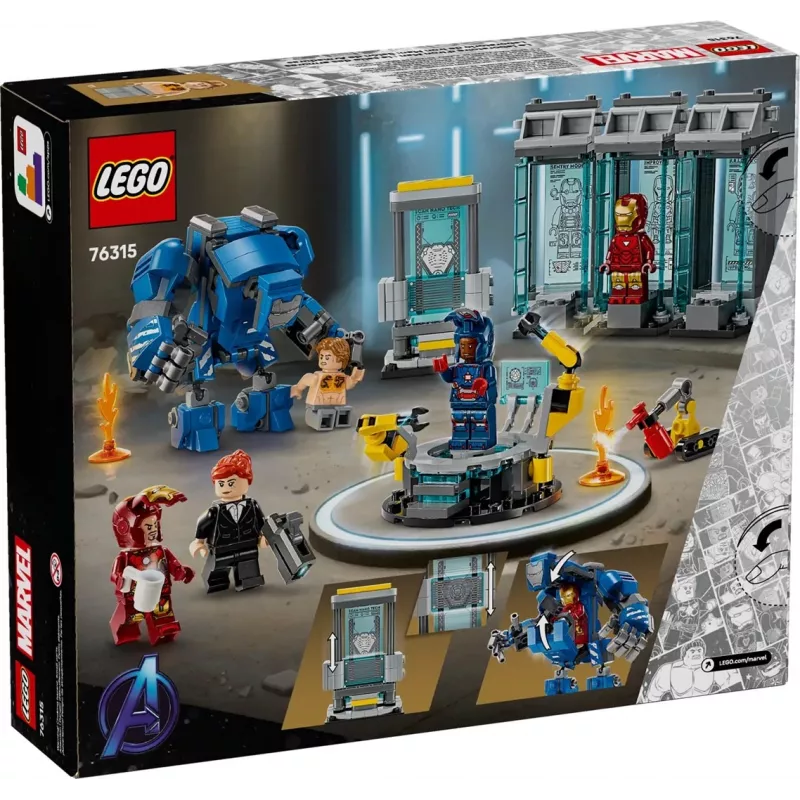 LEGO Marvel rinkinys Geležinio žmogaus laboratorija Šarvų salė 76315 — 384 detalės, 5 minifigūrėlės, ekspozicinė zona
