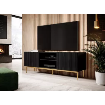 TV spintelė Cama PAFOS ant auksinio plieninio rėmo 150x40x60 cm matinė juoda