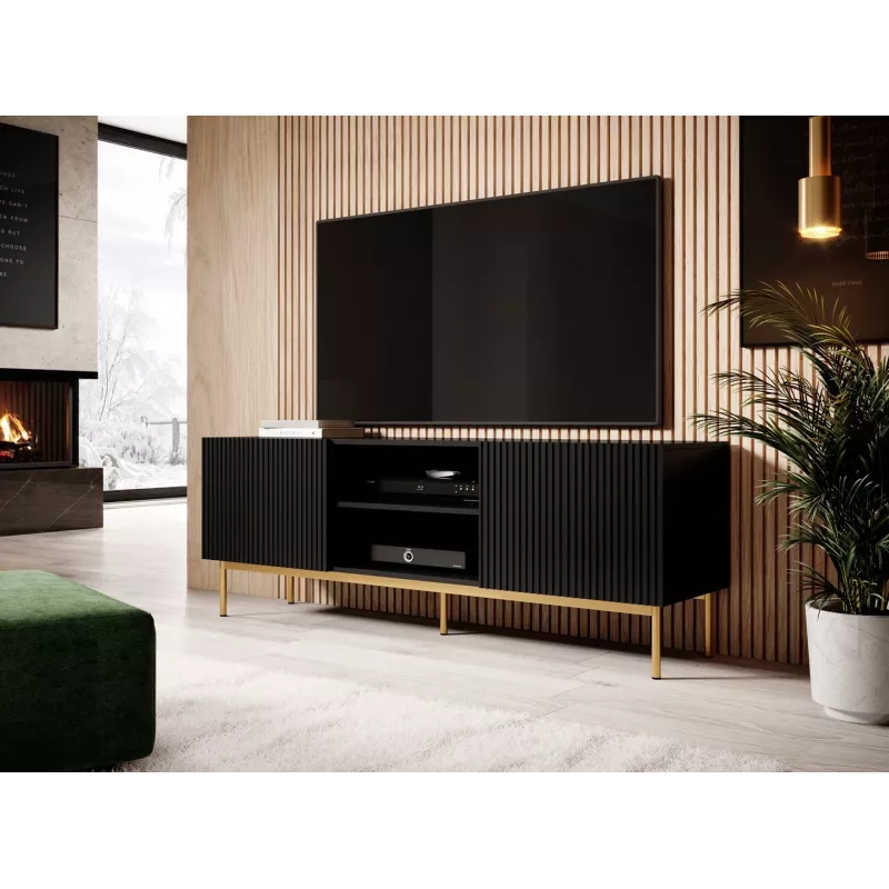 TV spintelė Cama PAFOS ant auksinio plieninio rėmo 150x40x60 cm matinė juoda