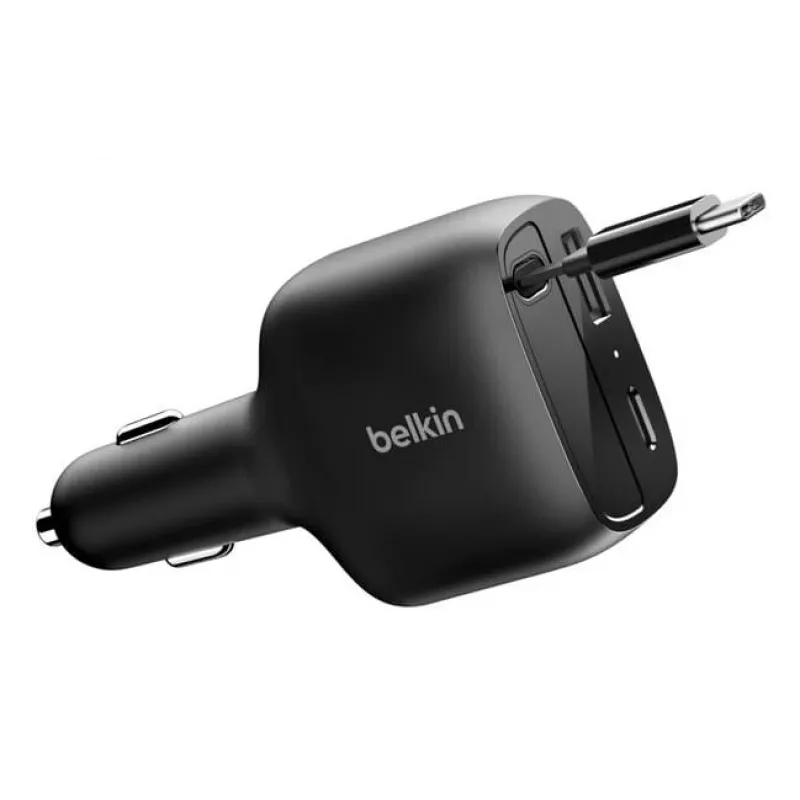 Belkin 75W 2-Port įkroviklis su įtraukiamu USB-C laidu automobiliui (CCC001HQBK)