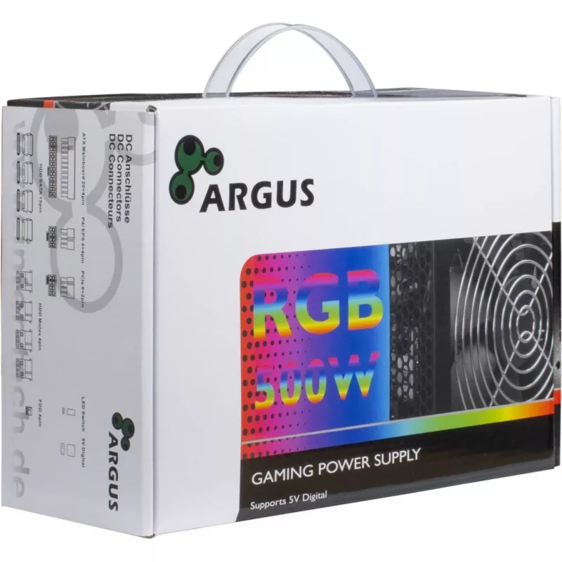 Inter-Tech Argus RGB-500W II maitinimo blokas, 500 W, 100–240 V, 50/60 Hz, aktyvus PFC, apsauga nuo perkrovos, viršįtampio ir trumpojo jungimo