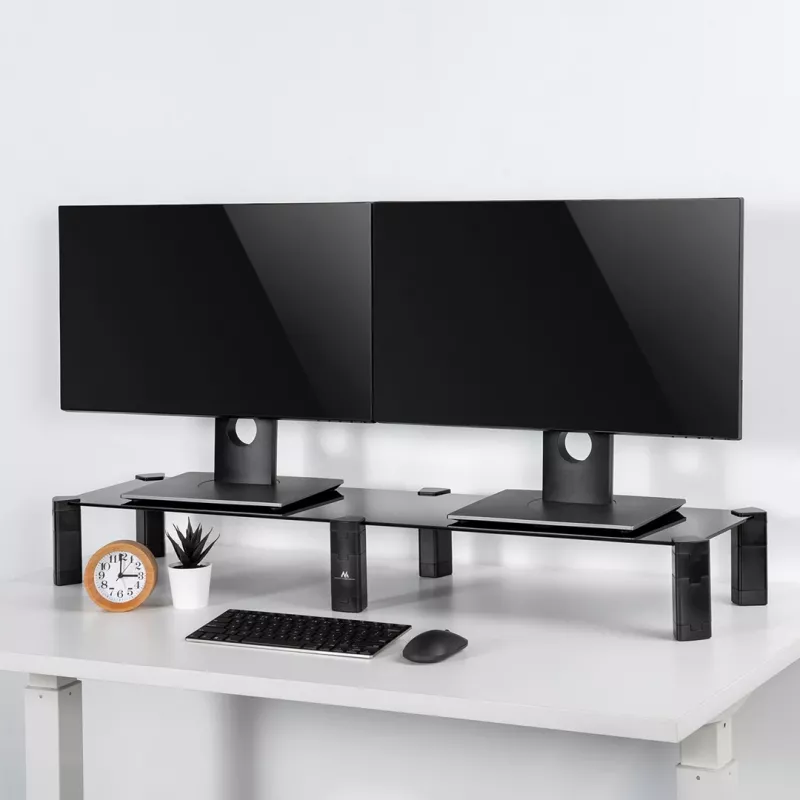 Monitoro stovas MACLEAN MC-936 dviejų rankų, maks. apkrova 20 kg, grūdinto stiklo pagrindas