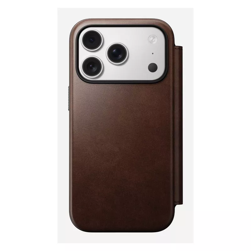 Mobiliojo telefono dėklas Nomad Modern Leather Folio, skirtas iPhone 17 Pro, oda/aliuminis, 16 cm (6,3 colio), rudas, 4 kortelių kišenės