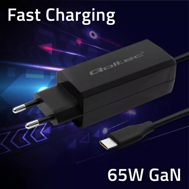QOLTEC 52419 65W USB-C PD GaN įkroviklis nešiojamam kompiuteriui, 5V/20V 3A/3.25A, 220–240V, 1.8m laidas, juodas