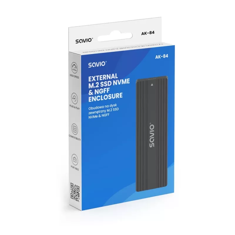 Išorinis SSD dėklas SAVIO AK-84 Juodas M.2 diskams, USB 10 Gbit/s (Type-A / Type-C), aliuminis + ABS