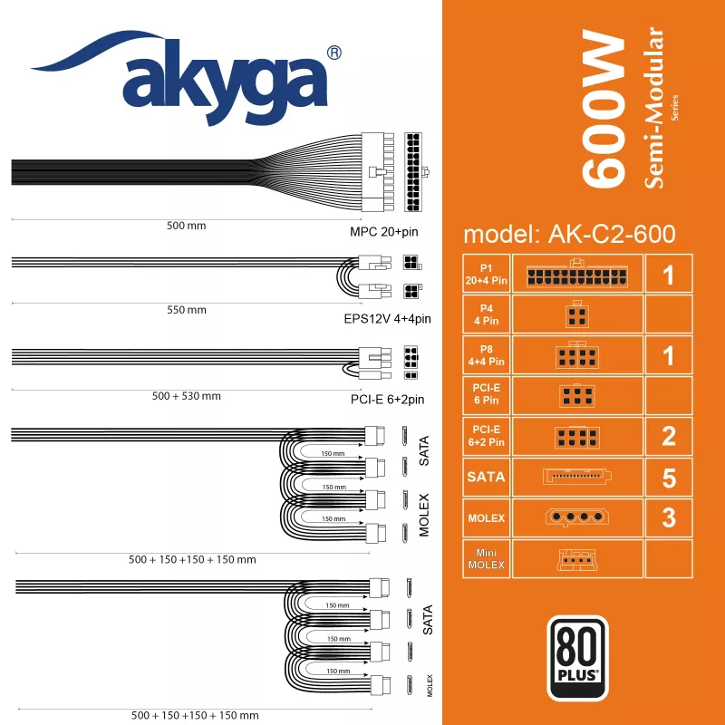 Akyga AK-C2-600 Classic 600 W ATX maitinimo blokas, pusiau modulinis, aktyvusis PFC, 120 mm ventiliatorius