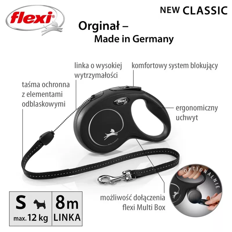 Flexi New CLASSIC 8 m Juodas šuns atsukamas pavadėlis