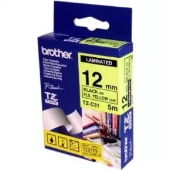 Brother blizgi laminuota etikečių juosta TZ-C31 – 12 mm, juoda/fluorescencinė geltona