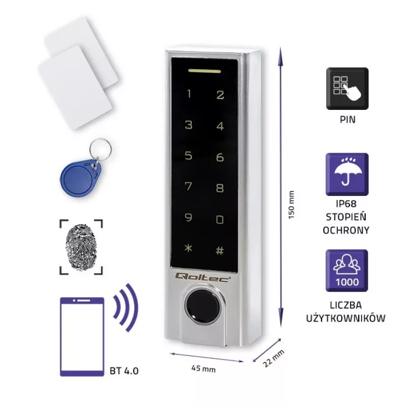 Qoltec 52448 TITAN kodų spyna su pirštų atspaudų skaitytuvu, RFID, BT 4.0, kodu, kortele, raktų pakabuku, durų skambučiu, IP68, EM