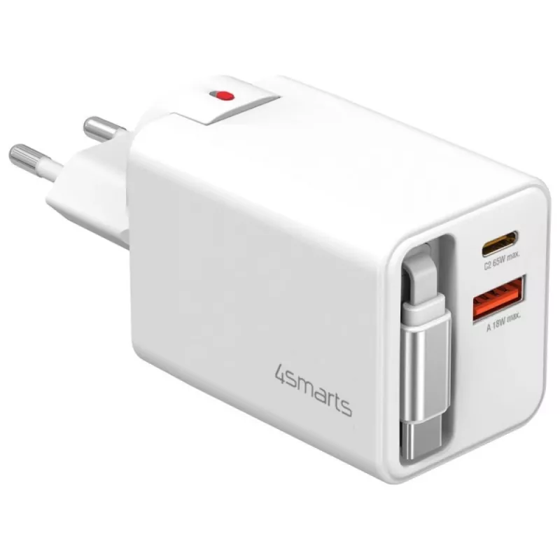 Greitasis USB-C/USB-A sieninis įkroviklis 4smarts 541065 – universalus AC 100–240V, maks. 20V, 0,7 m laidas, baltas