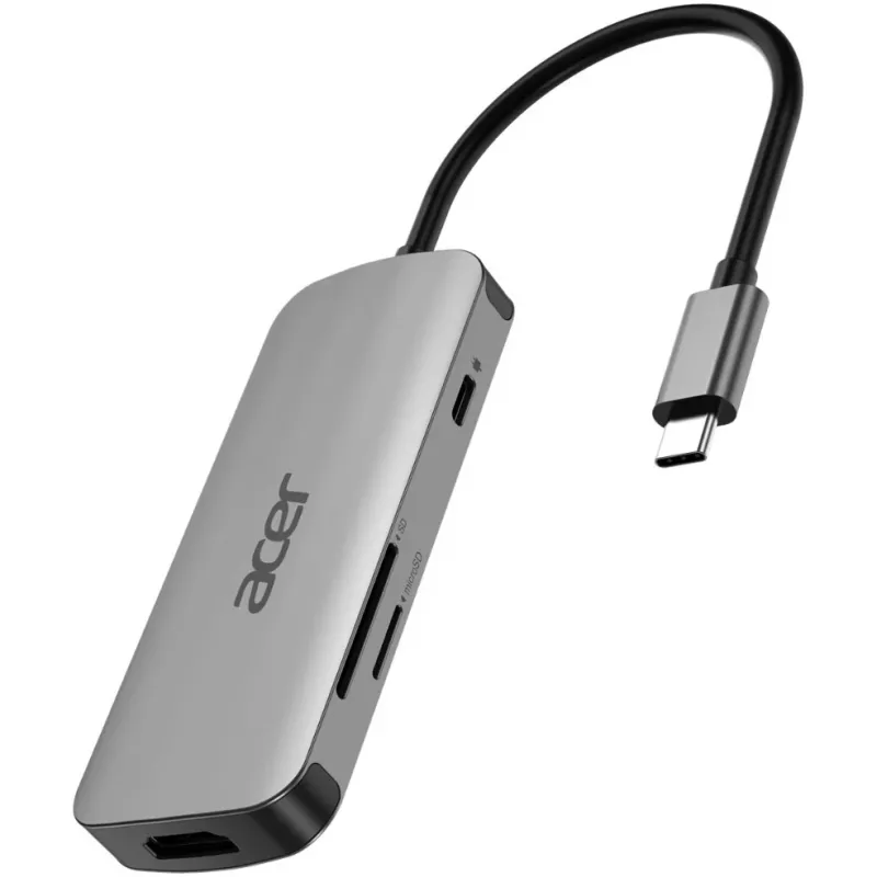 7-in-1 USB-C stotelė Acer – USB 3.2 Gen 1 Type-C, 3x USB-A, HDMI, SD/MicroSD, 100W PD, sidabrinė