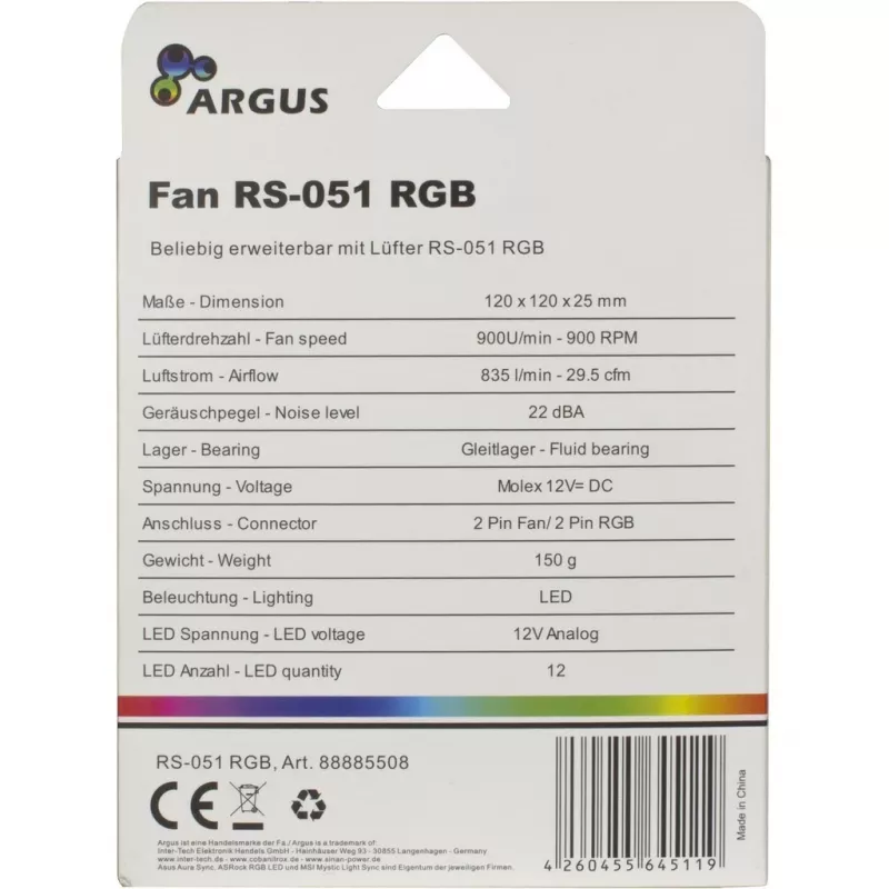 INTER-TECH Argus RS-051 RGB 120 mm korpuso ventiliatorius, 900 aps./min., juodas