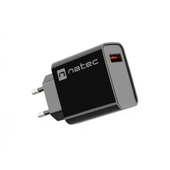 NATEC AC greitasis laidinis sieninis įkroviklis Ribera — 18 W (5–15 V, iki 3 A), 1× USB-A, Huawei FCP/SCP, juodas