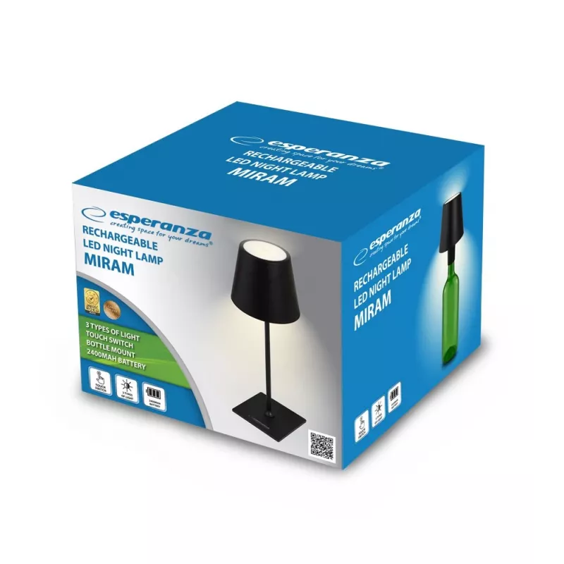 LED stalinė lempa ESPERANZA ELD119K Juoda — 3W, 4000K, 200 lm, USB-C, 2400 mAh baterija, 400 mm aukštis