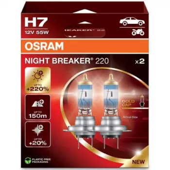Halogeninė priekinė lemputė osram H7 NIGHT BREAKER 220 – dviejų vnt. pakuotė (modelis 64210NB220-2HB)