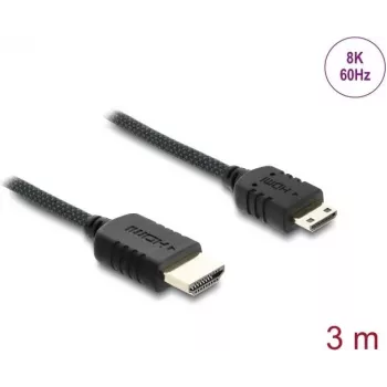 DELOCK HDMI laidas 3 m — A tipo (vyriškas) į C tipo (Mini) (vyriškas), 48 Gbit/s, iki 7680×4320, paauksuoti kontaktai, juodas