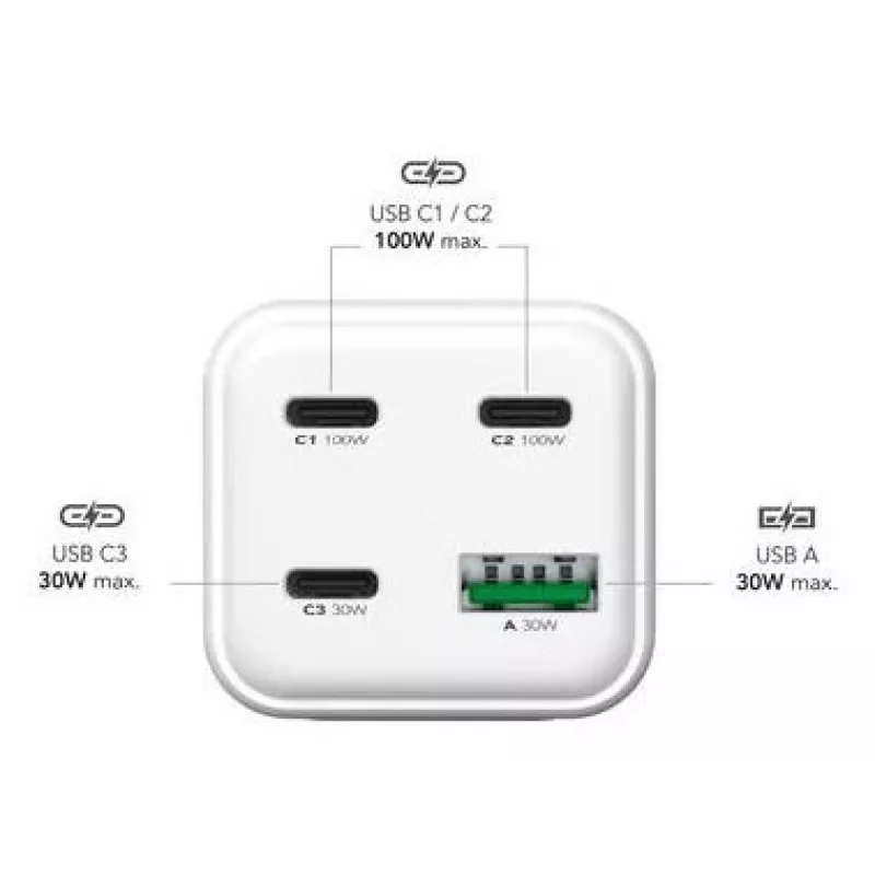 MediaRange MRMA124 greitasis kroviklis 100W, 3x USB-C, 100–240V, 1,5 m laidas, baltas