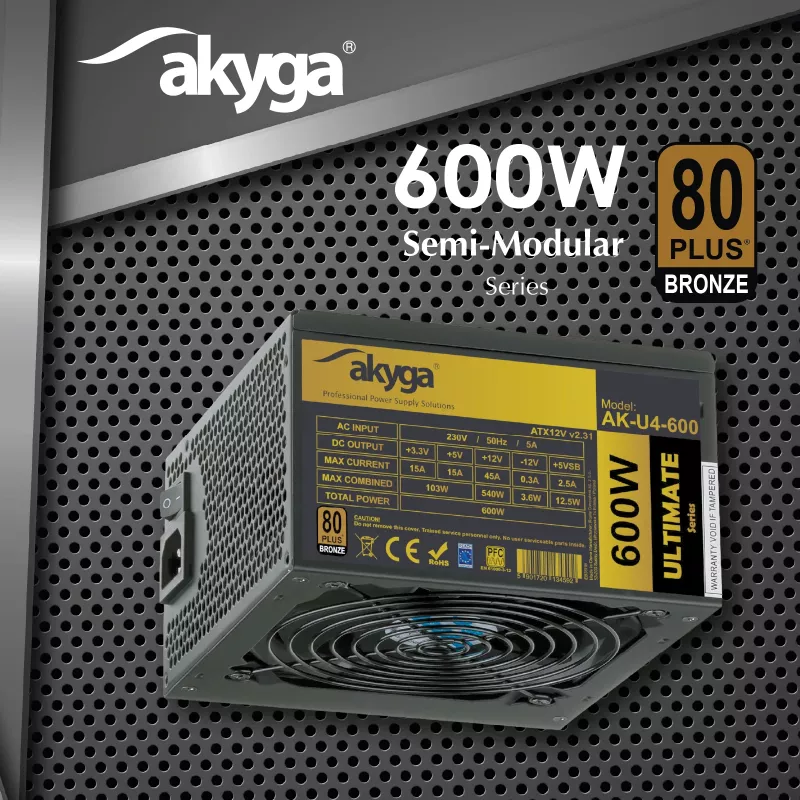 Akyga Ultimate AK-U4-600 ATX maitinimo blokas 600 W, 80 PLUS Bronze, aktyvus PFC, 120 mm ventiliatorius