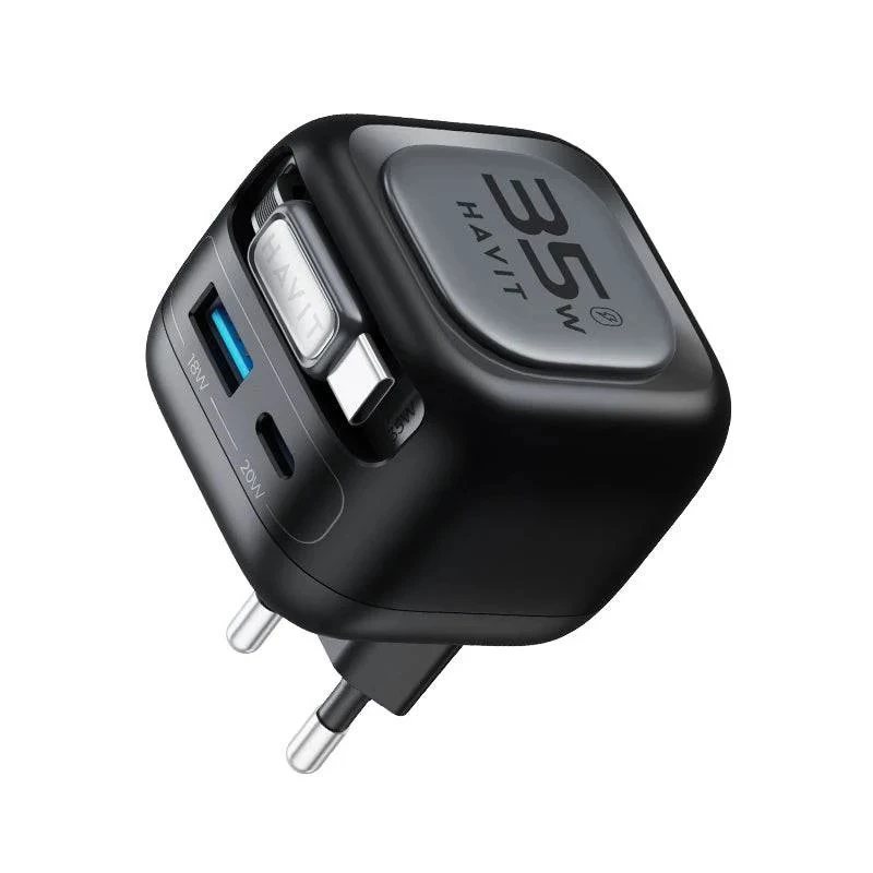 GaN kelioninis įkroviklis Havit UC250 A-EU 20V 1xUSB-C 0,7m juodas