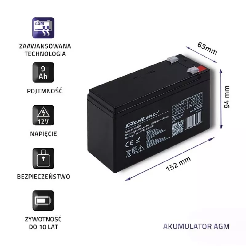 Nepriekaištingo maitinimo šaltinio baterija QOLTEC 53031 12V 9Ah žalia
