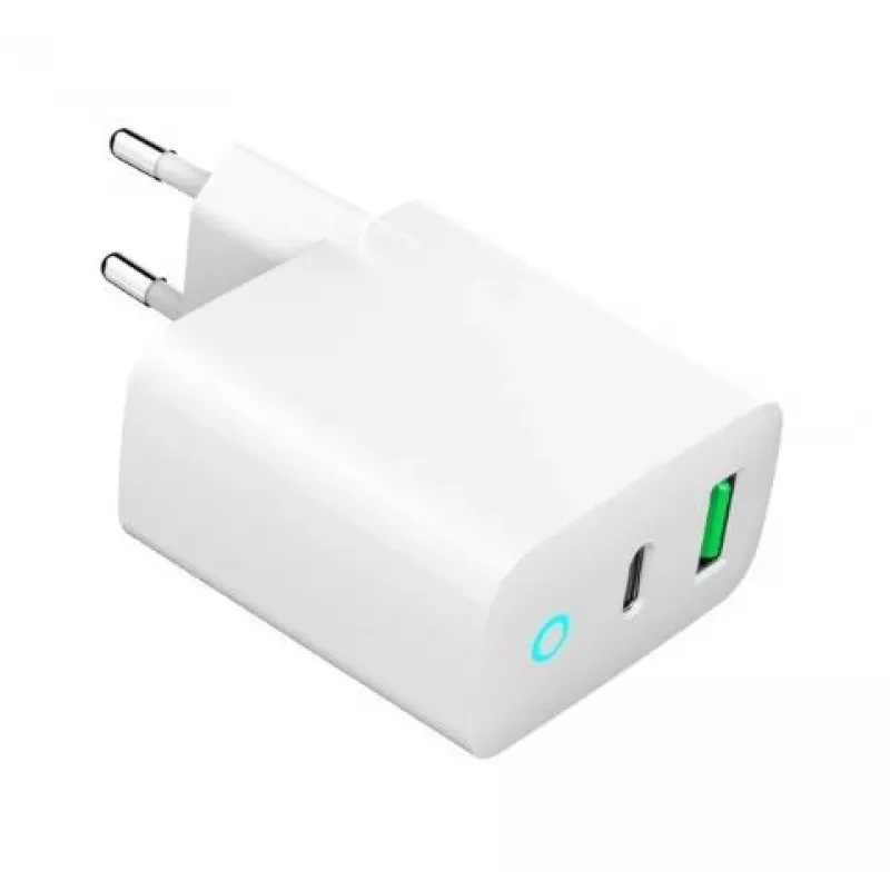 Sieninis įkroviklis GEMBIRD, Universalus, 1× USB Type-C 20W, 1× USB-A 3.0 QC 18W, LED indikatorius, Baltas
