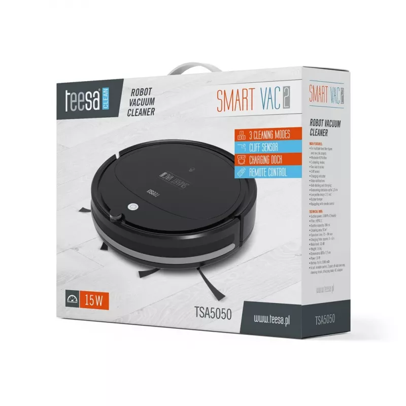 Robotinis dulkių siurblys TEESA Smart VAC 2 – juodas, apvalus, 1000 Pa, Wi-Fi