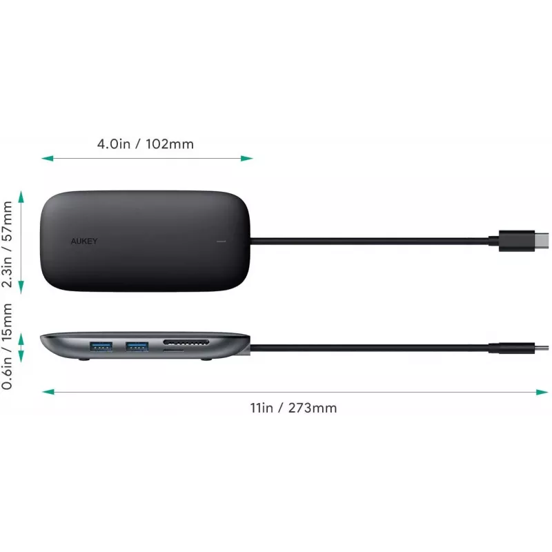 Dokavimo stotelė nešiojamam kompiuteriui AUKEY CB-C71 — 3x USB-C (USB 3.2 Gen1), HDMI, RJ-45, MicroSD, USB PD 100W, 0,15 m laidas, juoda