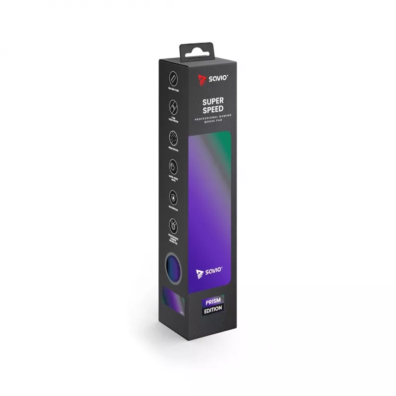 Žaidimų pelės kilimėlis SAVIO Super Speed L Prism Edition — 700×300×3 mm, violetinis, apsiūti kraštai, neslystantis pagrindas