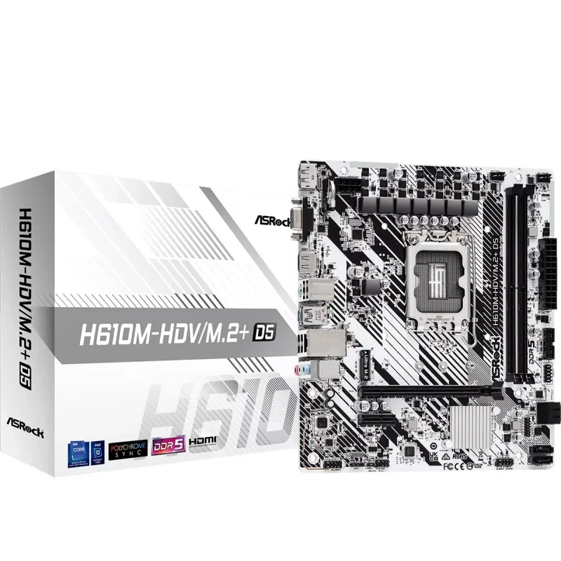 Motininė plokštė ASRock H610M-HDV/M.2+ D5 — Intel H610, LGA 1700, microATX, 2× DDR5 DIMM, M.2, HDMI 2.1, DP 1.4