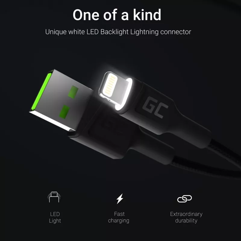 Laidas Lightning – USB-A Green Cell KABGC12, 2 m, juodas