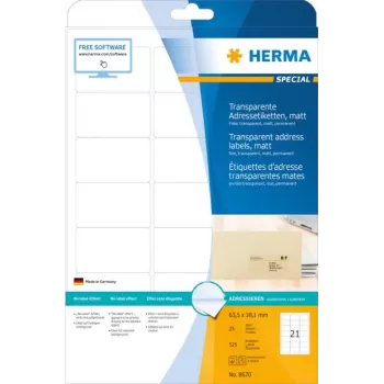 HERMA permatomi matiniai lipdukai A4 63,5x38,1 mm užapvalintais kampais, plėvelė, 525 vnt.