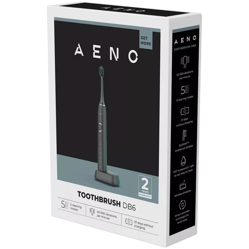 AENO Sonic elektrinis dantų šepetėlis DB6: juodas, 5 režimai, belaidis įkrovimas, 46000 aps./min., 40 dienų be įkrovimo, IPX7
