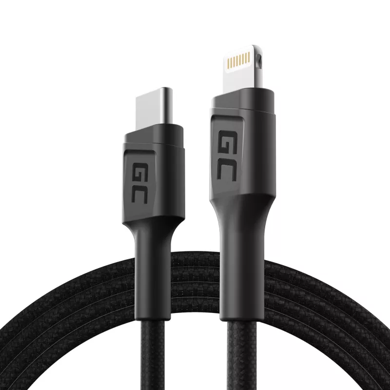 Laidas Lightning – USB‑C Green Cell KABGC07, 1 m, juodas, Lightning (vyriškas) – USB‑C (vyriškas), 480 Mbps