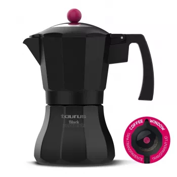 Moka puodas Taurus Black Moments 3 puodeliai, aliuminis, tinkamas indukcijai, nerūdijančio plieno dalys, užverčiamas dangtelis, juodas