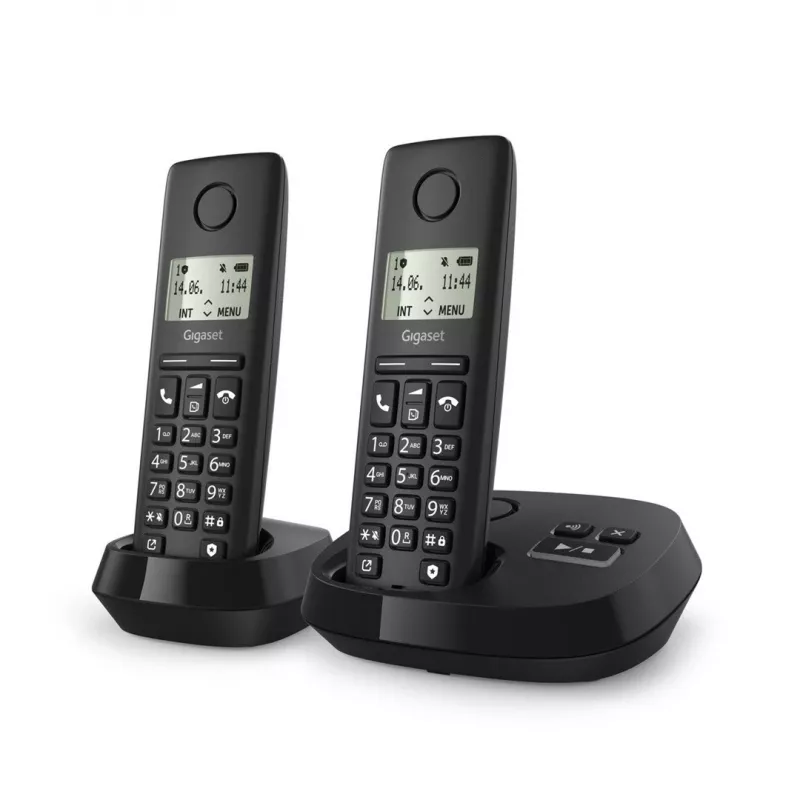 Belaidis analoginis/DECT telefonas Gigaset PURE 100A Duo – 2 rageliai, garsiakalbis, skambučio numerio rodymas, 1,5 colio ekranas, juodas