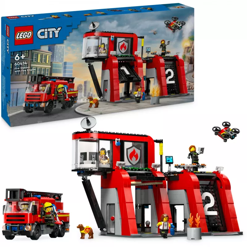 Konstruktorius LEGO City Gaisrinė su sukamu kopėčių automobiliu 60414 — 843 detalės, 5 minifigūrėlės, 220×320×140 mm
