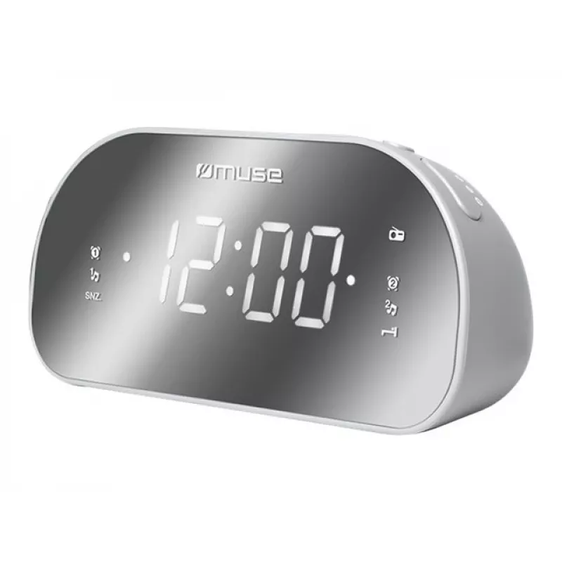 Laikrodinis radijas Muse M-170CMR – skaitmeninis laikrodis su FM radiju, 1,2 colio LED ekranu, 230V, AAA atsarginis maitinimas, veidrodinis/baltas