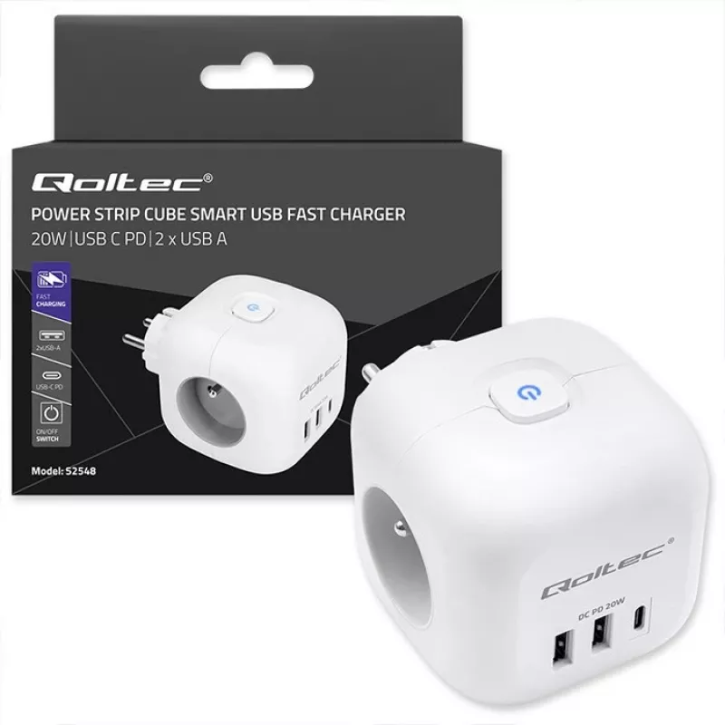 QOLTEC 52548 ilginimo lizdas su 3×AC kištukiniais lizdais ir USB prievadu
