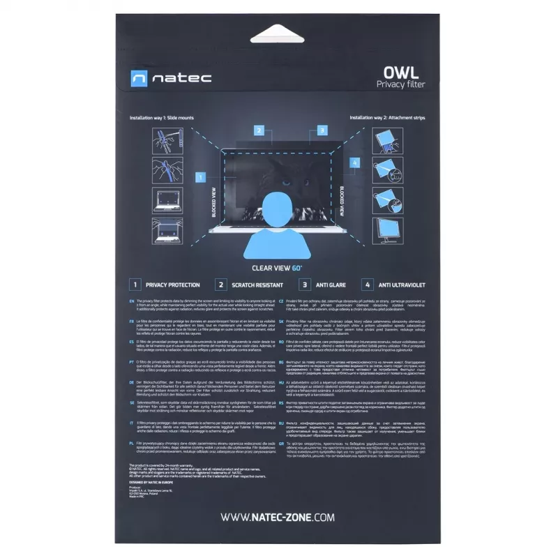 Privatumo filtras NATEC Owl 24 colių (61 cm) LCD monitoriui, 531 x 298 mm, 16:9, be rėmelio, liečiamam ekranui