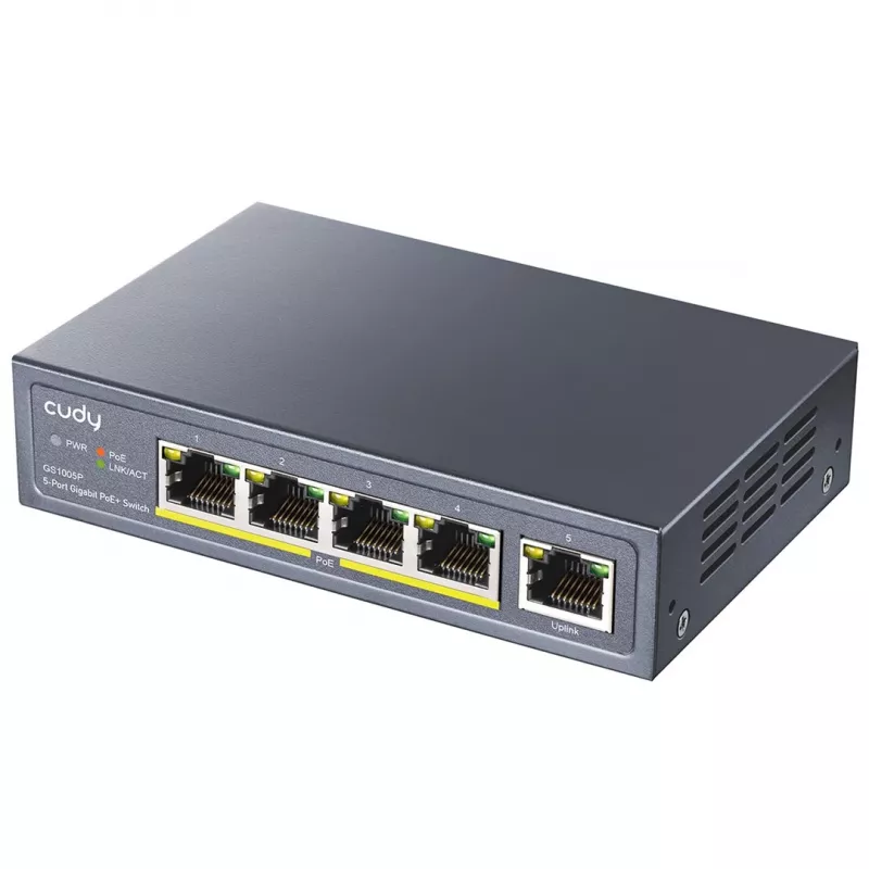 Tinklo jungiklis Cudy GS1005P – 5 prievadų Gigabit Ethernet su 4 PoE prievadais, 60W, metalinis korpusas, montuojamas į stelažą